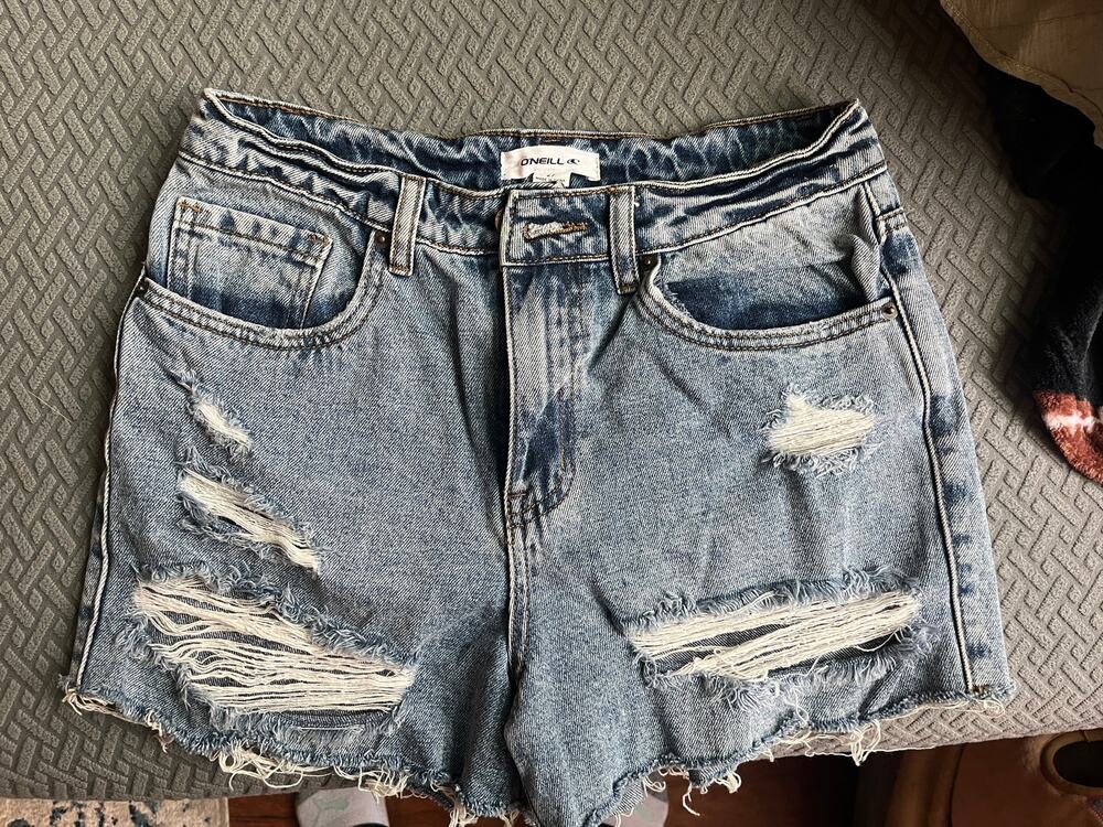 Distressed denim shorts